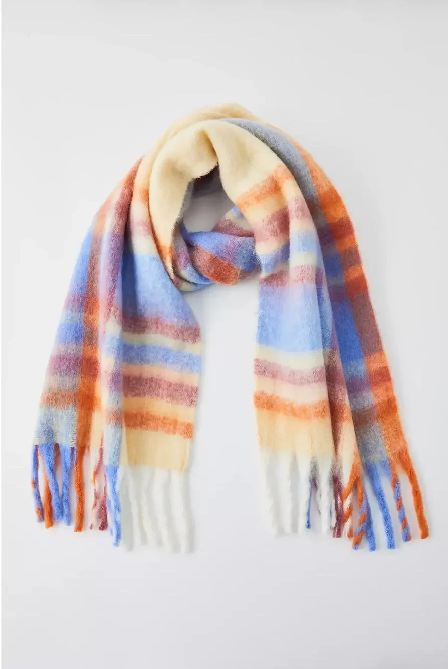 Urban Outfitters Cozy Oversized Multicolor Blue Orange Plaid Woven Fringe Scarf